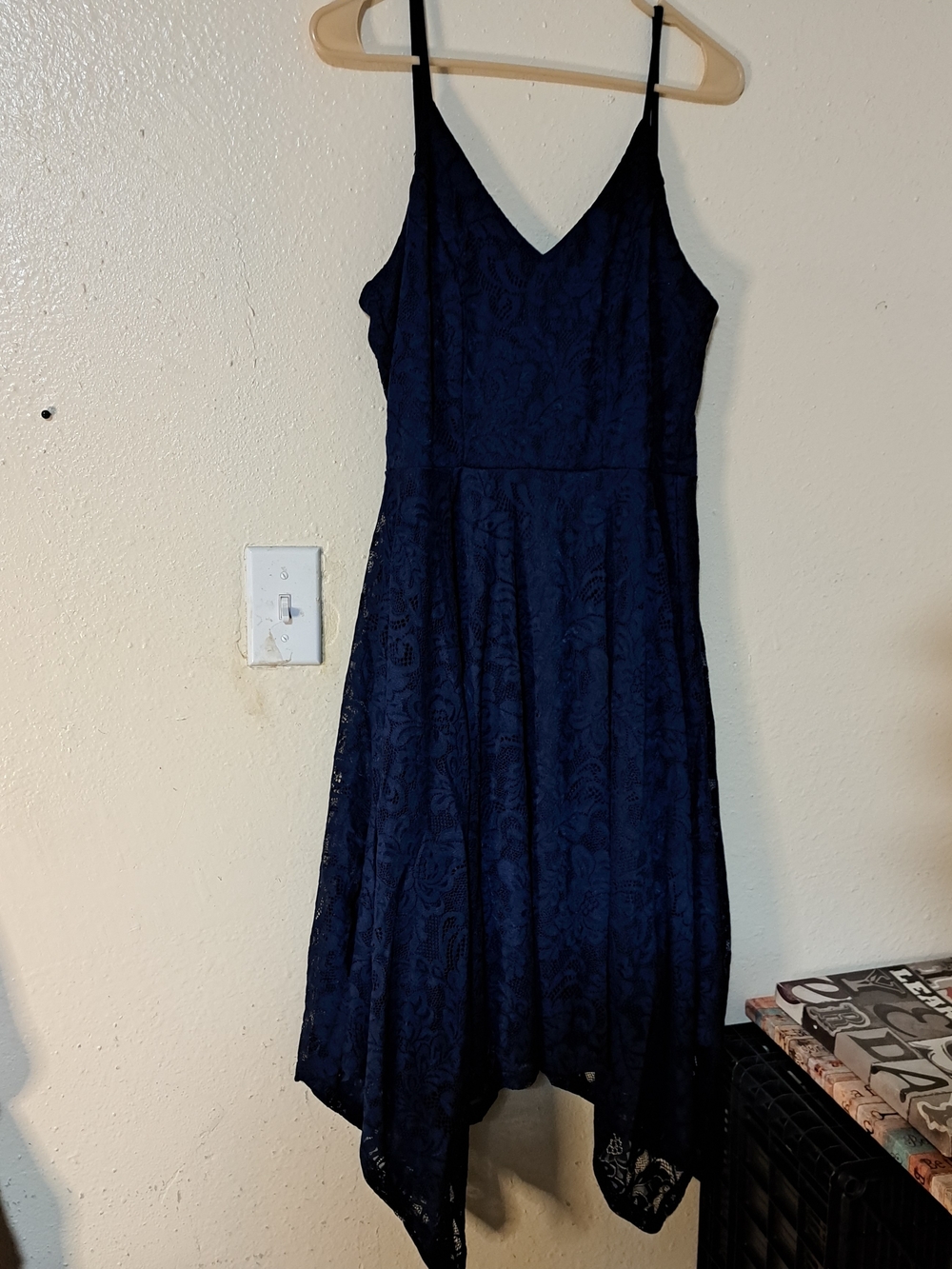 Navy Lace Asymmetrical Handkerchief Hem Slip Dress